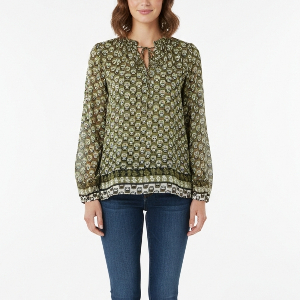 LIKE NEW Cupcakes & Cashmere Olive Long Sleeve Split Neck Geometric Blouse XS